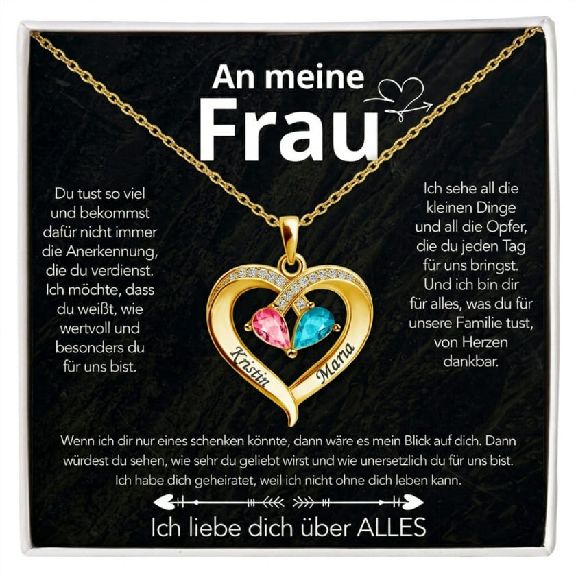 An meine Frau – Geburtsstein Herz-Halskette mit besonderer Botschaft