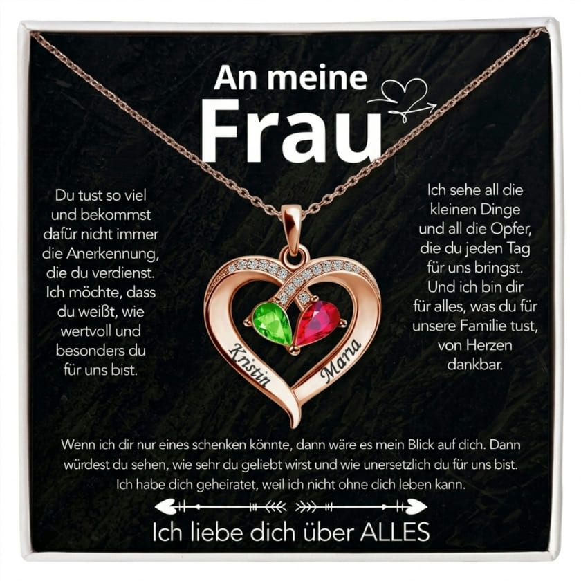 An meine Frau – Geburtsstein Herz-Halskette mit besonderer Botschaft