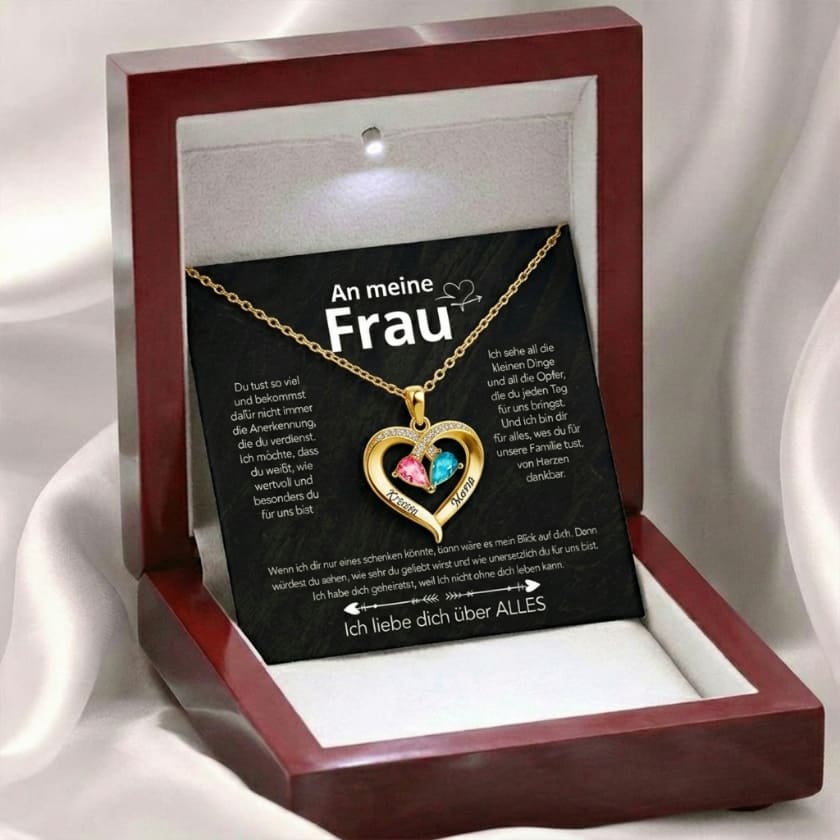 An meine Frau – Geburtsstein Herz-Halskette mit besonderer Botschaft