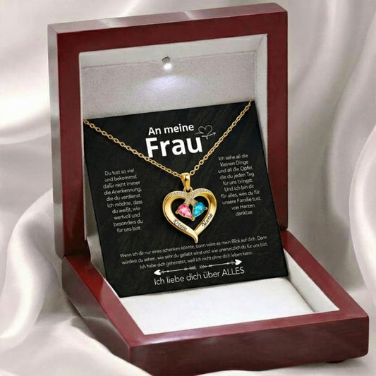 An meine Frau – Geburtsstein Herz-Halskette mit besonderer Botschaft