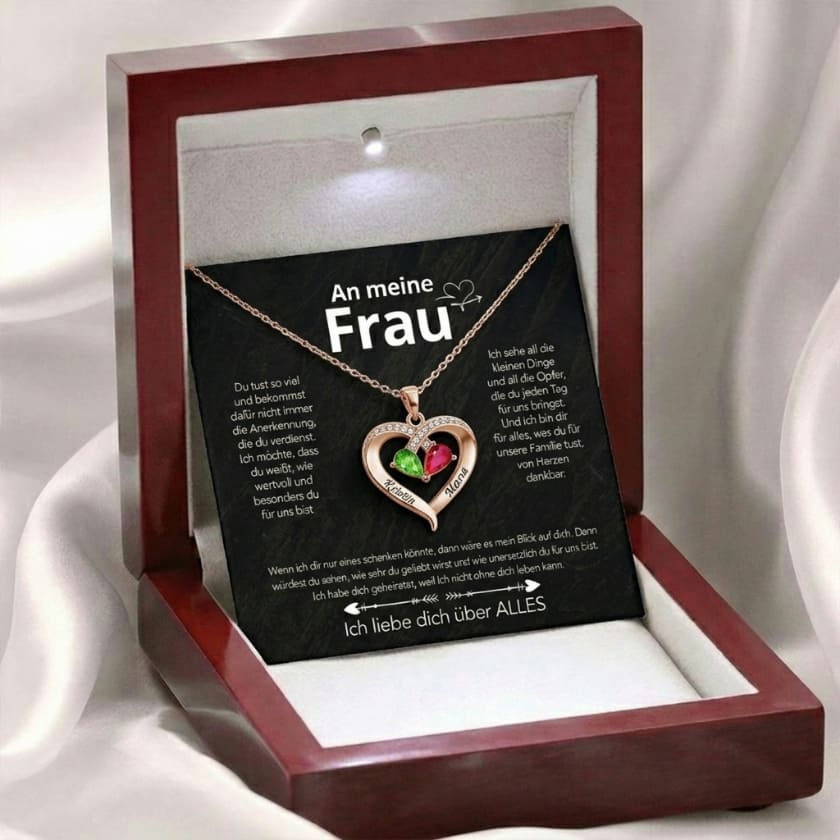 An meine Frau – Geburtsstein Herz-Halskette mit besonderer Botschaft