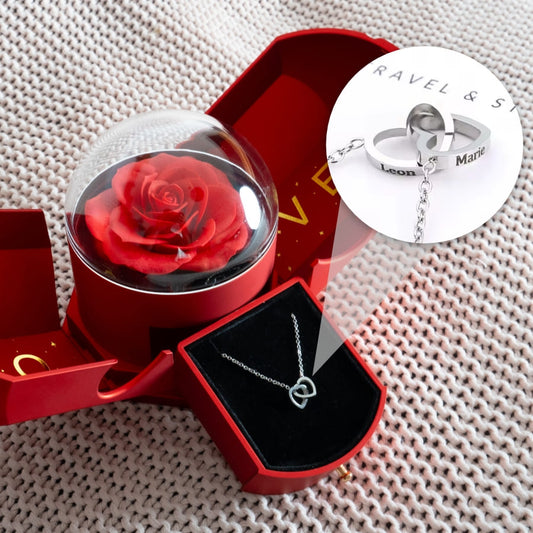 Ewige Rose mit gravierter Doppelherz-Halskette