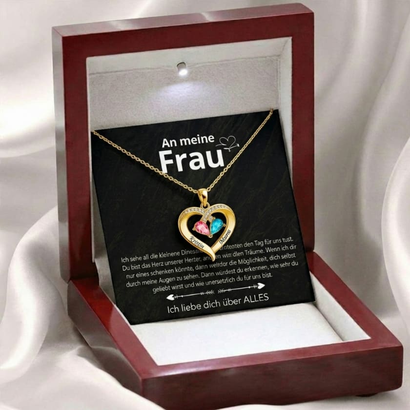 An meine Frau – Geburtsstein Herz-Halskette & liebevoller Botschaft