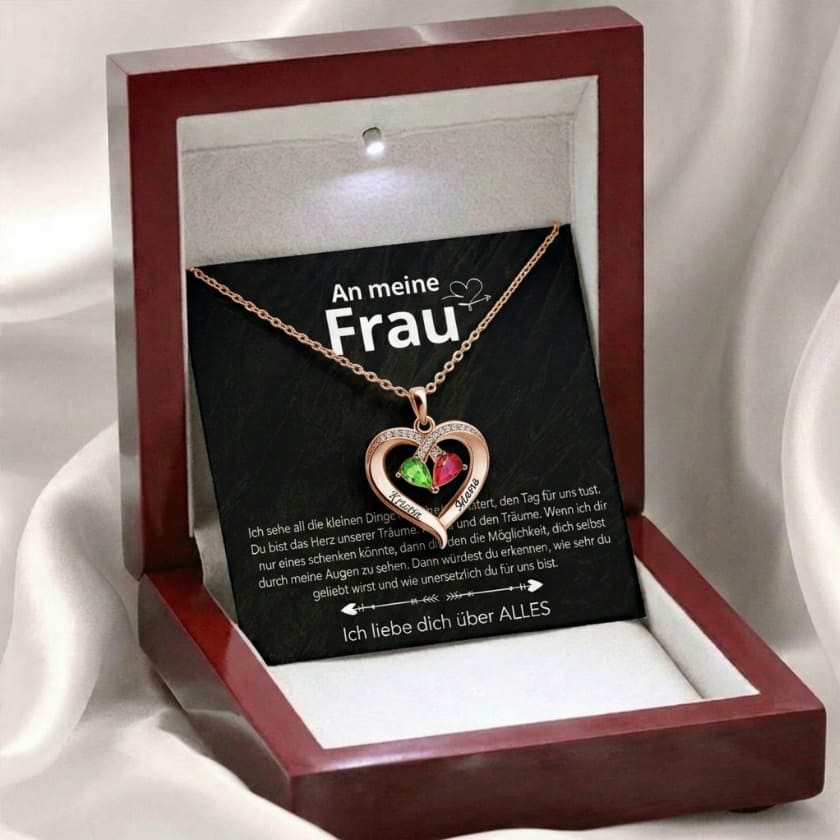 An meine Frau – Geburtsstein Herz-Halskette & liebevoller Botschaft
