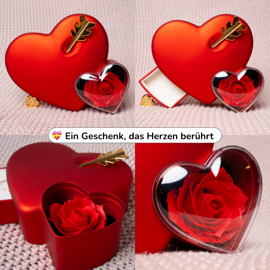 Ewige Amor-Rosenbox mit gravierter Doppelherz-Halskette