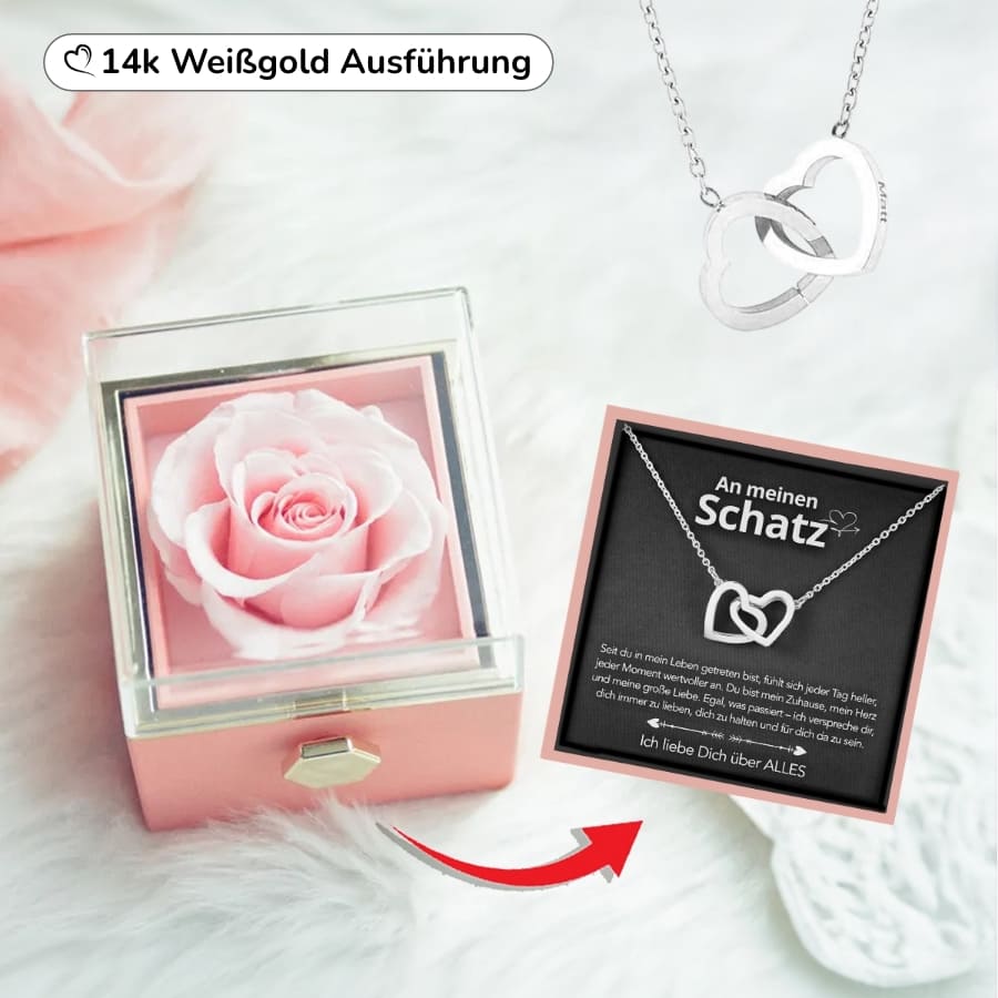 An meinen Schatz – Ewige Rosenbox mit gravierter Doppelherz-Halskette