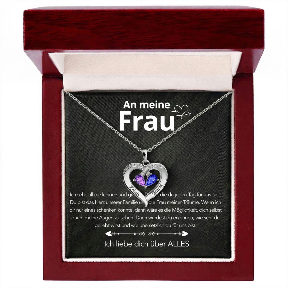 An meine Frau – Geburtsstein Herz-Halskette & liebevoller Botschaft