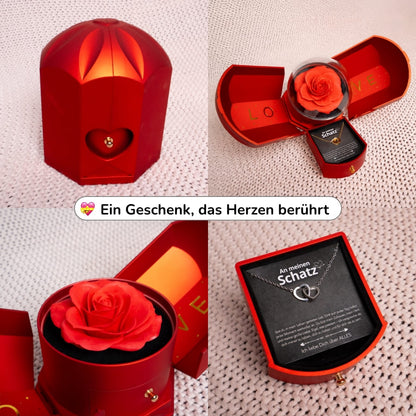 An meinen Schatz – Ewige Rose mit gravierter Doppelherz-Halskette & liebevoller Karte