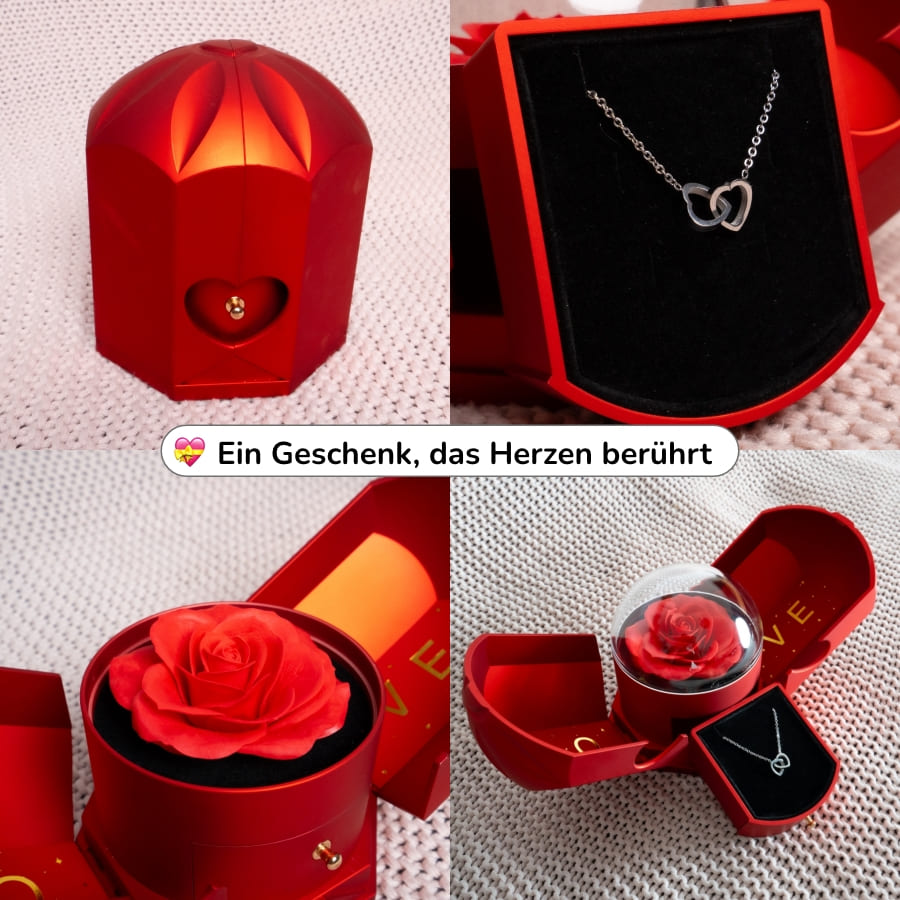 Ewige Rose mit gravierter Doppelherz-Halskette