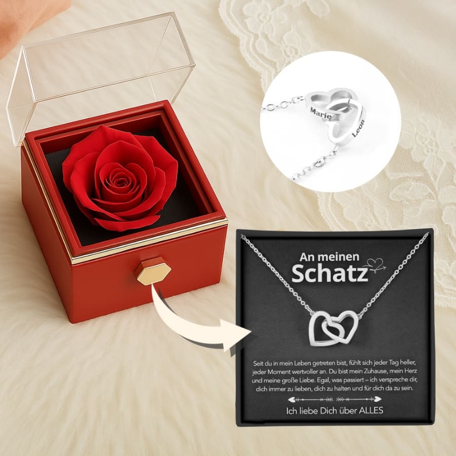 Rote Rosenbox mit tiefroter Rose, im Kreis die silberne Doppelherz-Kette, darunter die Karte An meinen Schatz