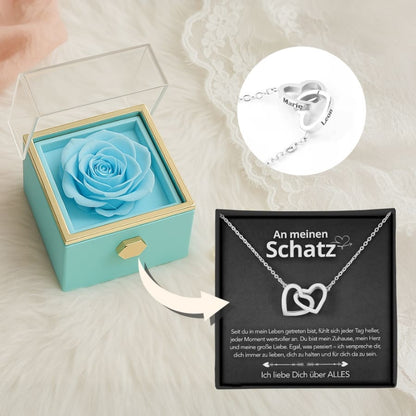 An meinen Schatz – Ewige Rosenbox mit gravierter Doppelherz-Halskette