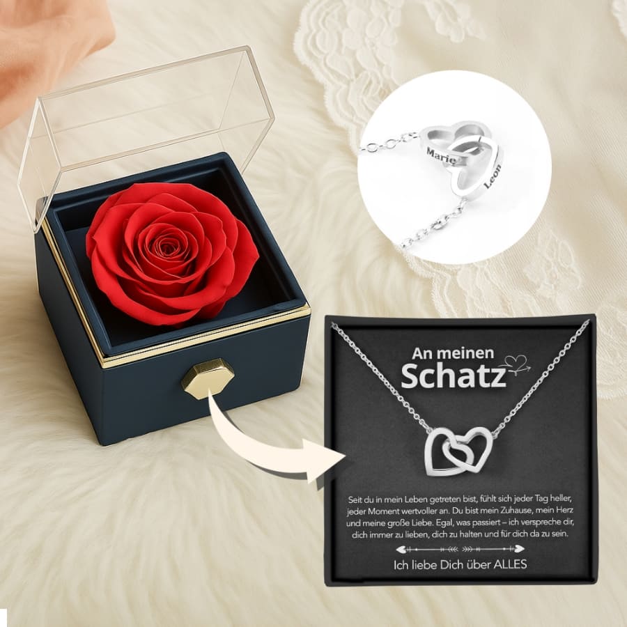 An meinen Schatz – Ewige Rosenbox mit gravierter Doppelherz-Halskette