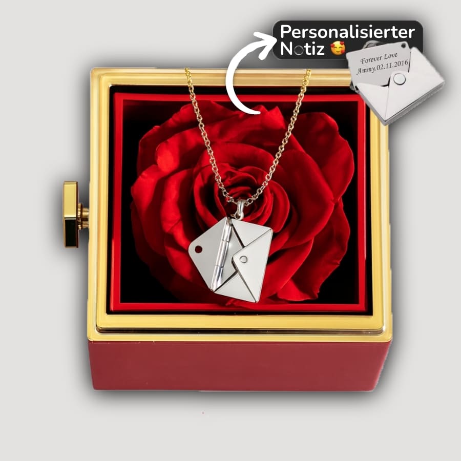 Personalisierte Halskette mit versteckter Liebesbotschaft in ewiger Rosenbox