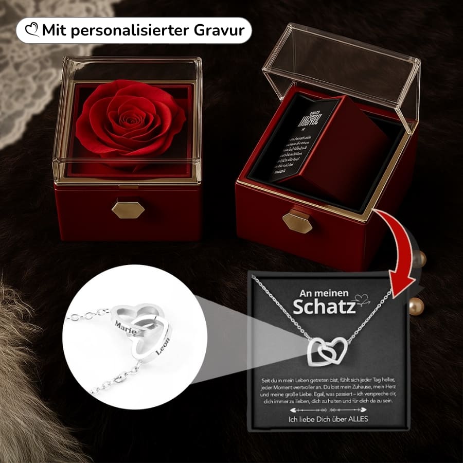 An meinen Schatz – Ewige Rosenbox mit gravierter Doppelherz-Halskette