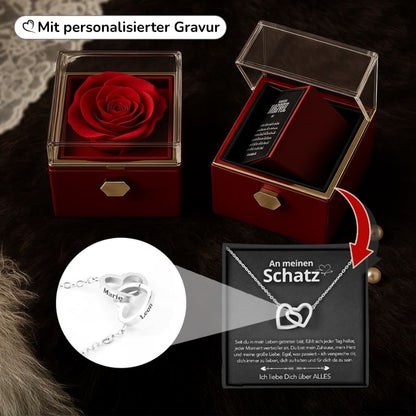 An meinen Schatz – Ewige Rosenbox mit gravierter Doppelherz-Halskette