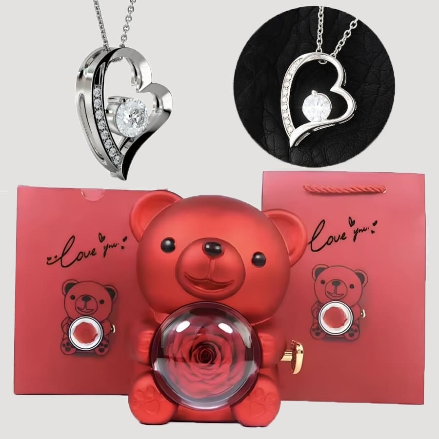 Ewige Teddy Rosenbox mit edlem Herzschmuck