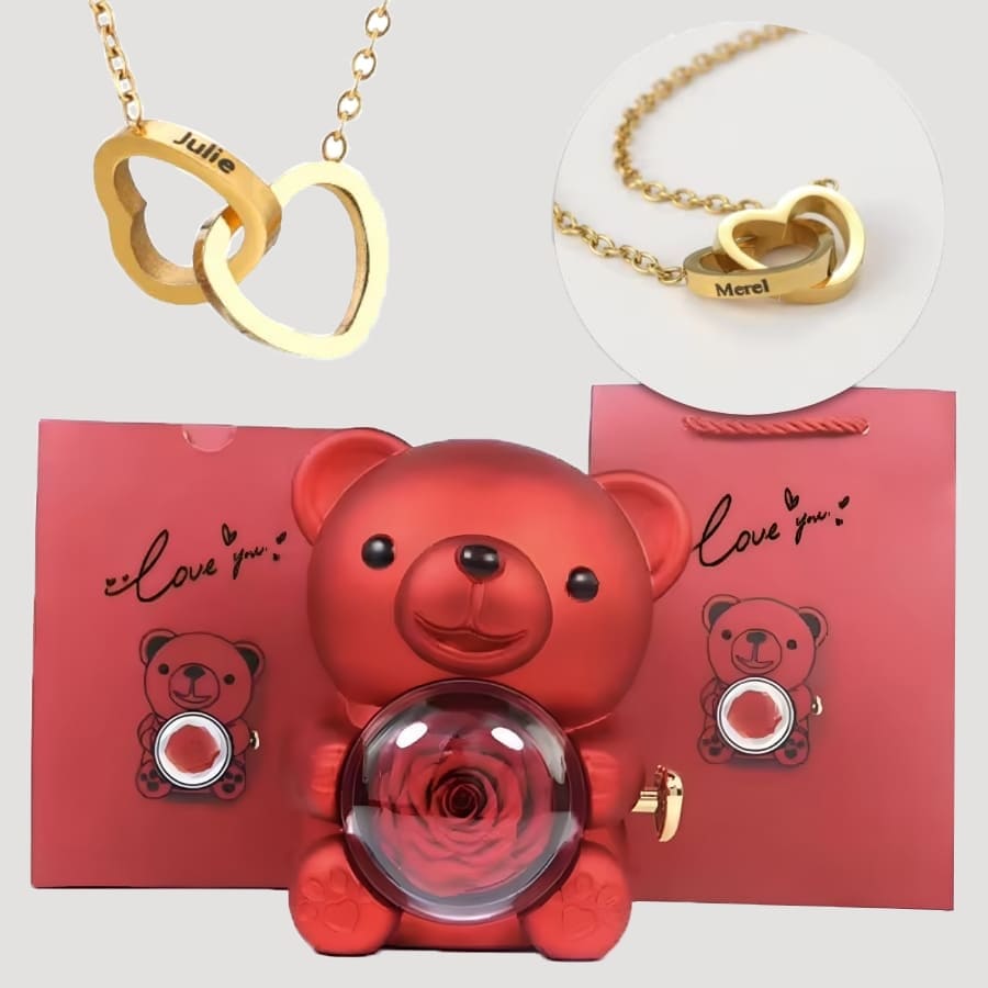 Ewige Teddy Rosenbox mit gravierter Doppelherz-Halskette
