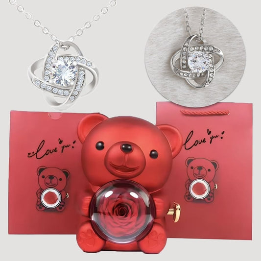 Ewige Teddy Rosenbox mit edler Knoten-Halskette