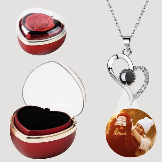 Foto Halskette mit deinem Lieblingsbild in Herzförmiger Rosenbox - Schwungherz