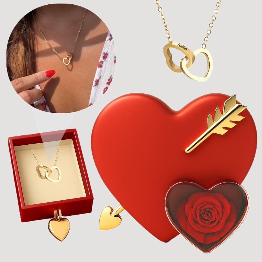 Ewige Amor Rosenbox - Mit 14k Weißgold Doppelherz Halskette