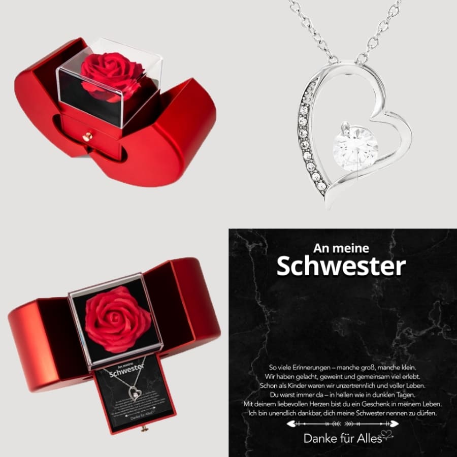 An meine Schwester - Ewige Rosenschatulle mit Herz-Halskette & liebevoller Karte