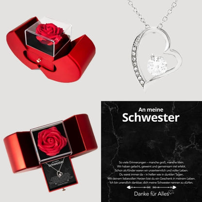 An meine Schwester - Ewige Rosenschatulle mit Herz-Halskette & liebevoller Karte