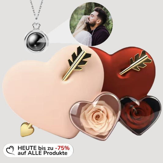 Foto Halskette mit deinem Lieblingsbild in ewiger Amor-Rosenbox – filigraner Punktanhänger