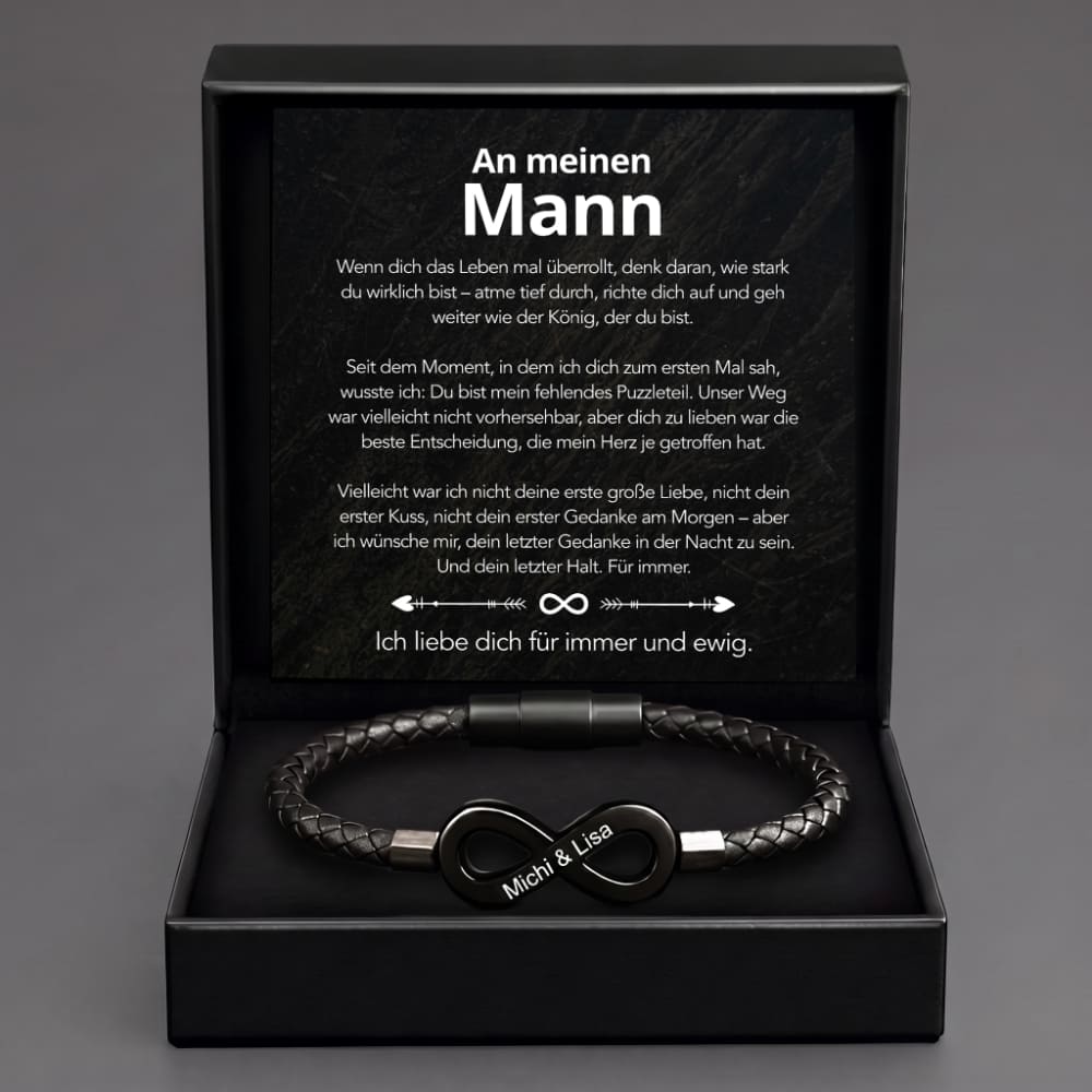 Geschenkbox mit Botschaftskarte An meinen Mann und Flechtarmband, Infinity-Anhänger in Silber, Gravur Michi und Lisa