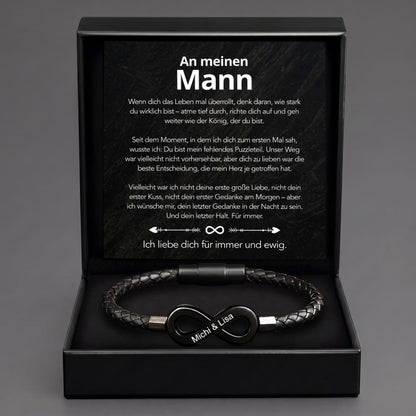 Geschenkbox mit Botschaftskarte An meinen Mann und Flechtarmband, Infinity-Anhänger in Silber, Gravur Michi und Lisa