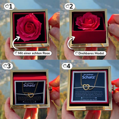 An meinen Schatz – Ewige Rosenbox mit gravierter Doppelherz-Halskette