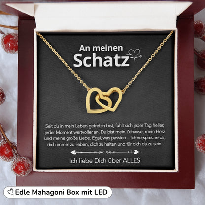 An meinen Schatz – Doppelherz Gravur in 14k Weißgold / 18k Gelbgold Veredelung