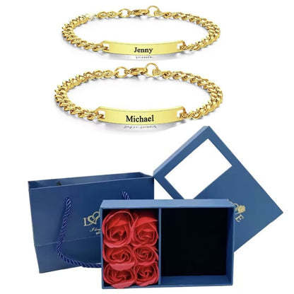 Graviertes Armband-Set für Paare – Mit ewiger Rosenbox