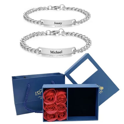 Graviertes Armband-Set für Paare – Mit ewiger Rosenbox