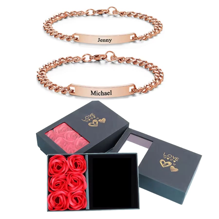 Graviertes Armband-Set für Paare – Mit ewiger Rosenbox