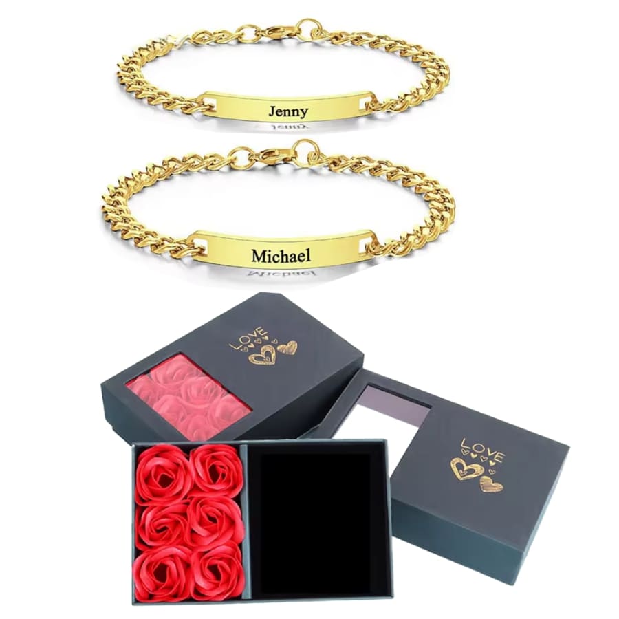 Graviertes Armband-Set für Paare – Mit ewiger Rosenbox
