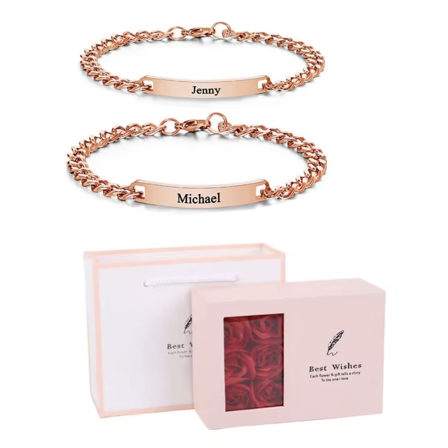 Graviertes Armband-Set für Paare – Mit ewiger Rosenbox