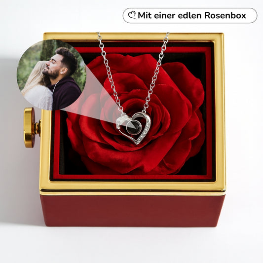 Rosenbox und Herz-Halskette mit personalisiertem Foto und Glitzersteine