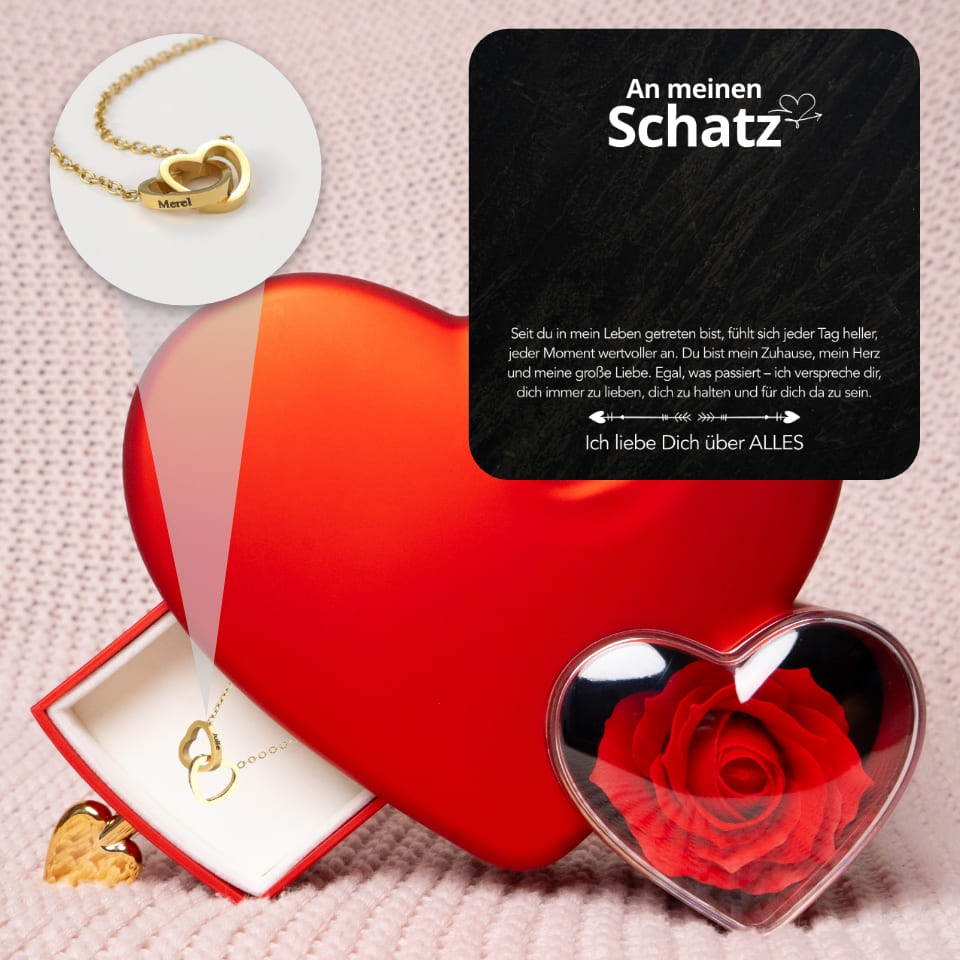 Ewige Amor-Rosenbox mit gravierter Doppelherz-Halskette & liebevollen Notiz