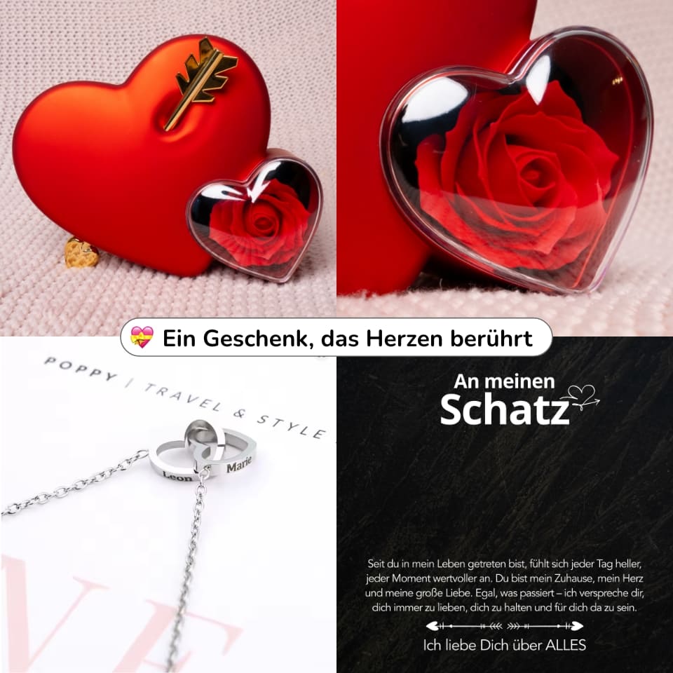Ewige Amor-Rosenbox mit gravierter Doppelherz-Halskette & liebevollen Notiz