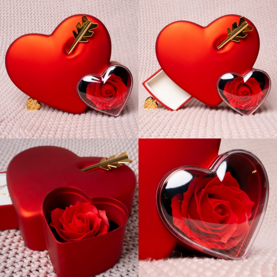 Ewige Amor Rosenbox - Mit 14k Weißgold Doppelherz Halskette