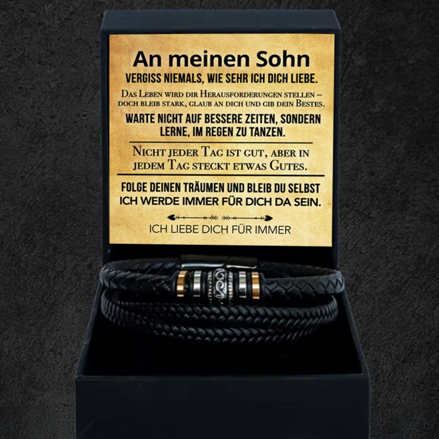 An meinen Sohn - Geflochtenes Edelstahl Lederarmband & Botschaft