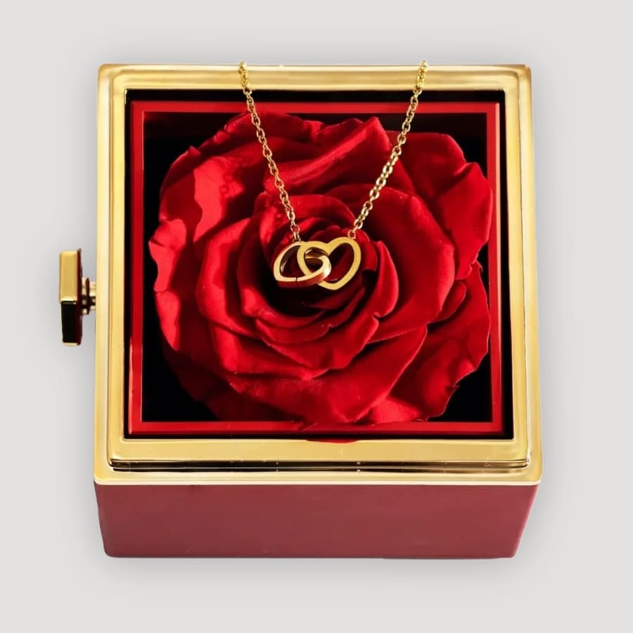Ewige Rosenbox mit gravierter Doppelherz-Halskette