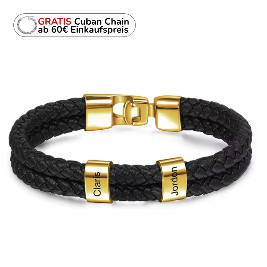 Freisteller mit goldfarbenem Verschluss und zwei goldenen Beads Claris, Jordan, Hinweis auf gratis Cuban Chain ab 60 Euro