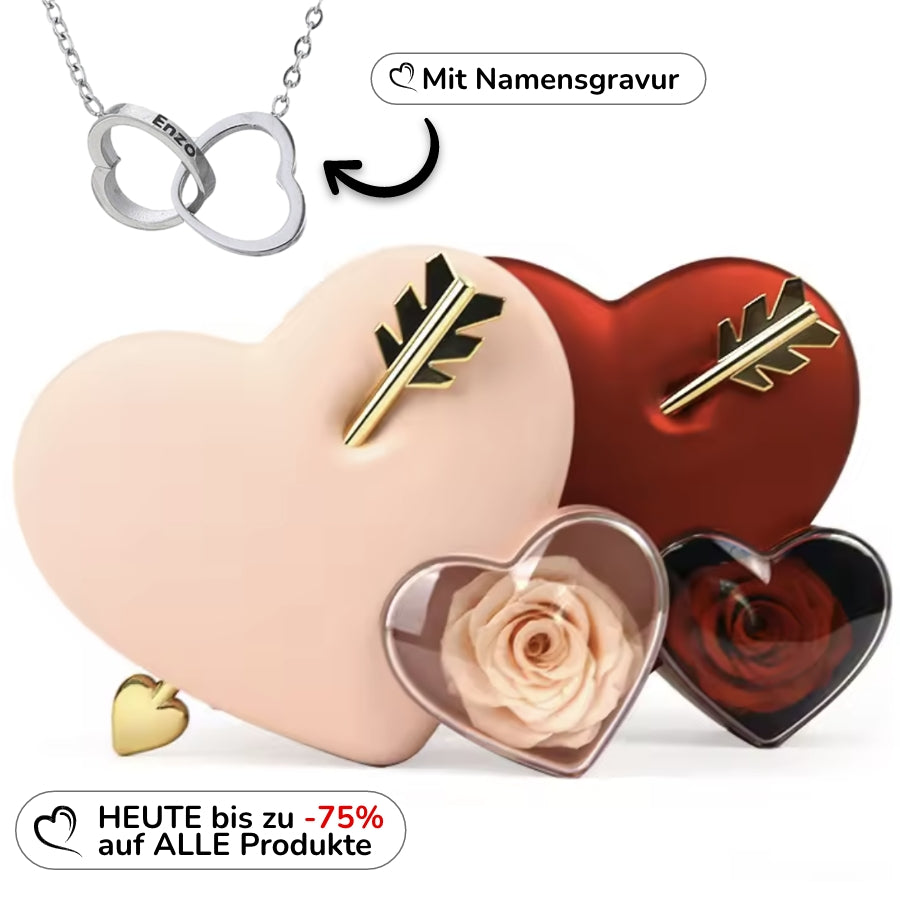 Rosenbox mit Doppelherz Gravur in 14k Weißgold / 18k Gelbgold Veredelung