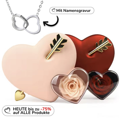 Rosenbox mit Doppelherz Gravur in 14k Weißgold / 18k Gelbgold Veredelung