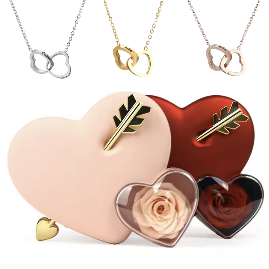 Rosenbox mit Doppelherz Gravur in 14k Weißgold / 18k Gelbgold Veredelung
