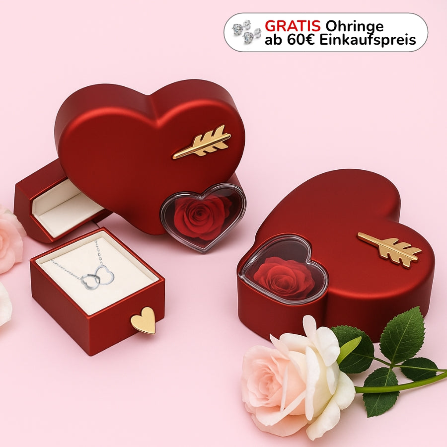 Rosenbox mit Doppelherz Gravur in 14k Weißgold / 18k Gelbgold Veredelung