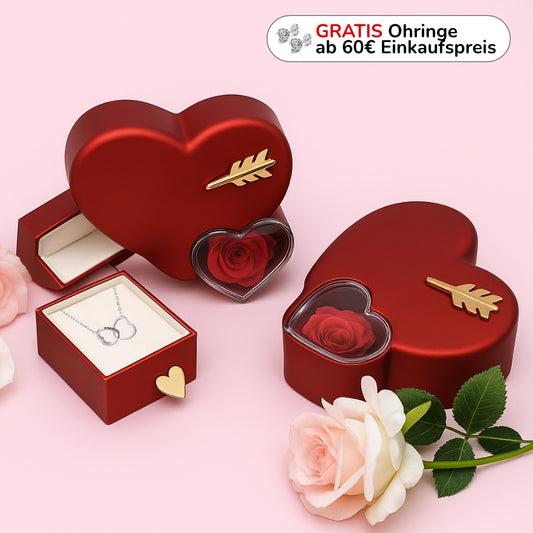 Rosenbox mit Doppelherz Gravur in 14k Weißgold / 18k Gelbgold Veredelung