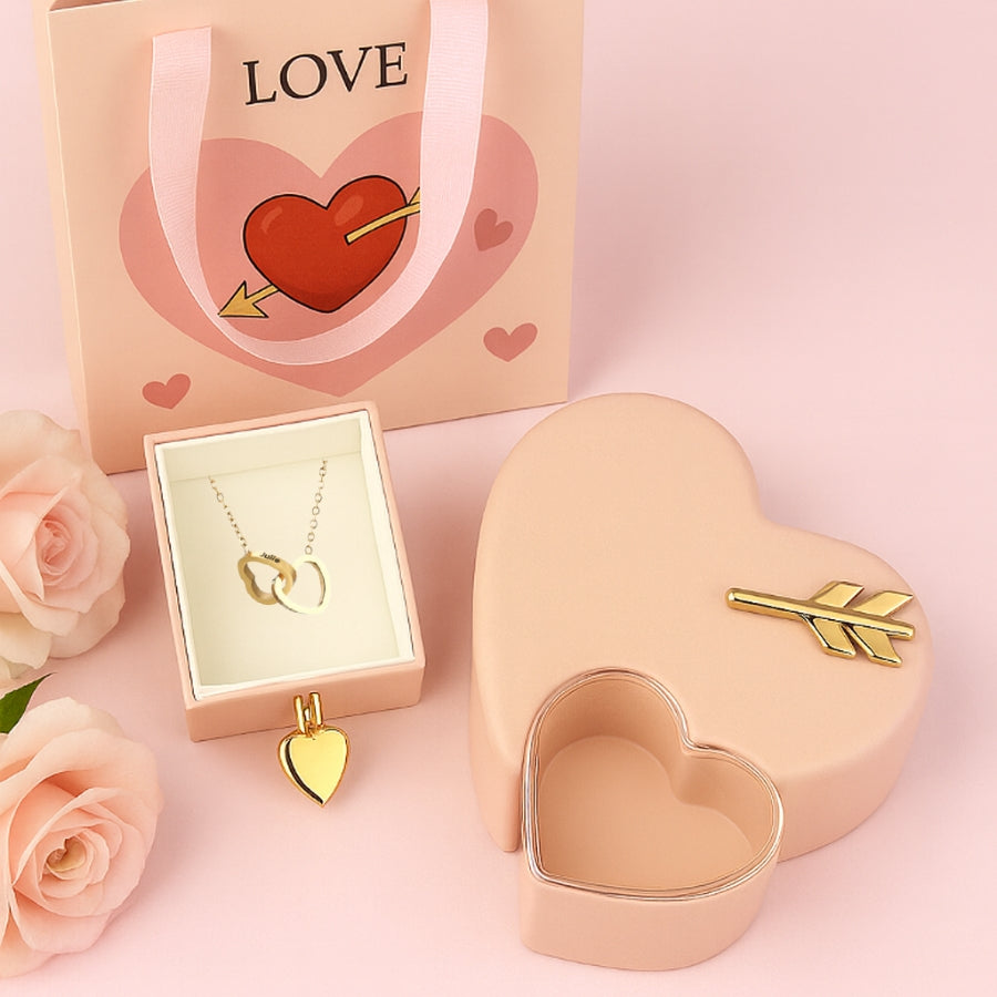 Rosenbox mit Doppelherz Gravur in 14k Weißgold / 18k Gelbgold Veredelung