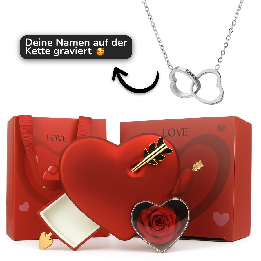 Rosenbox mit Doppelherz Gravur in 14k Weißgold / 18k Gelbgold Veredelung